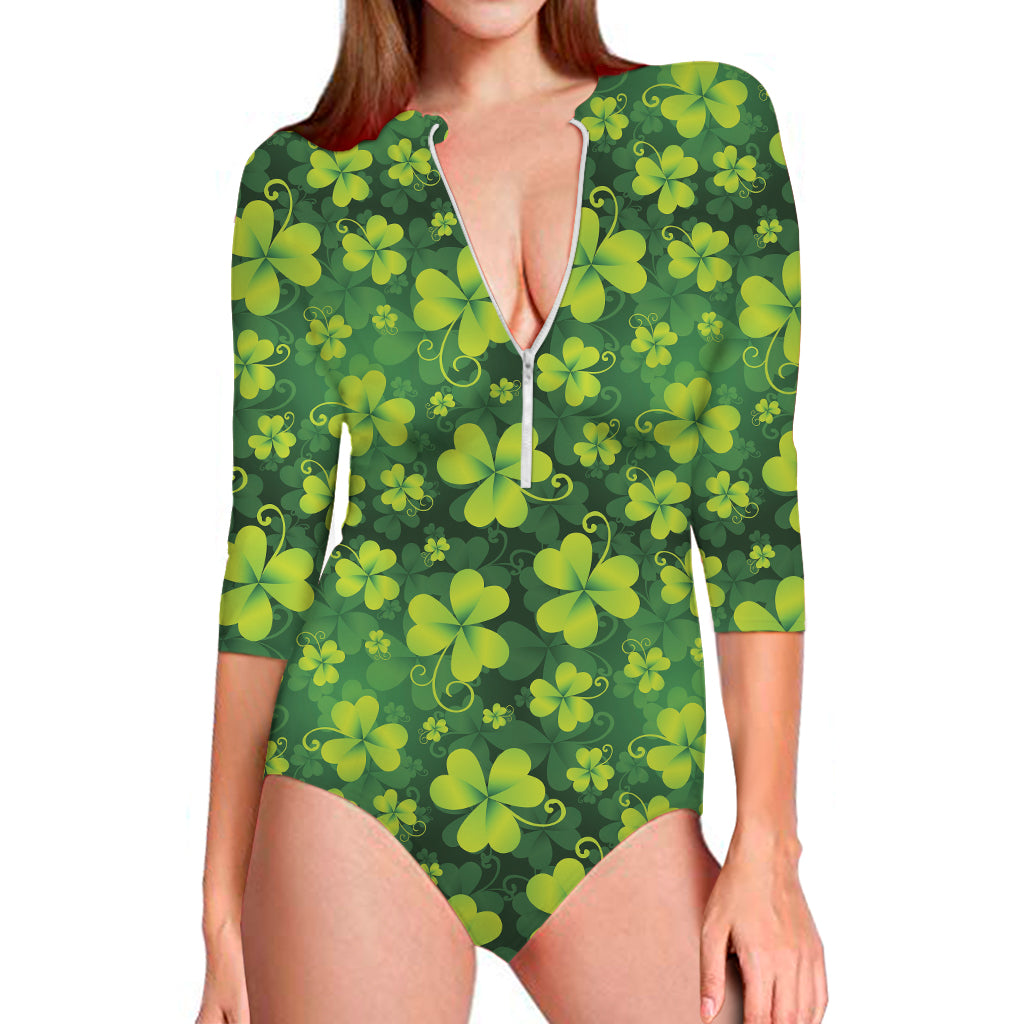 St. Patrick's Day Shamrock Pattern Print Long Sleeve One Piece Swimsuit