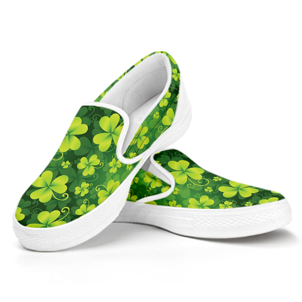 St. Patrick's Day Shamrock Pattern Print White Slip On Shoes