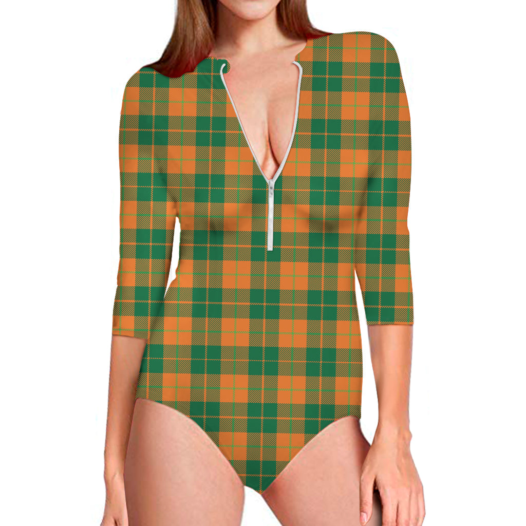 St. Patrick's Day Stewart Plaid Print Long Sleeve One Piece Swimsuit