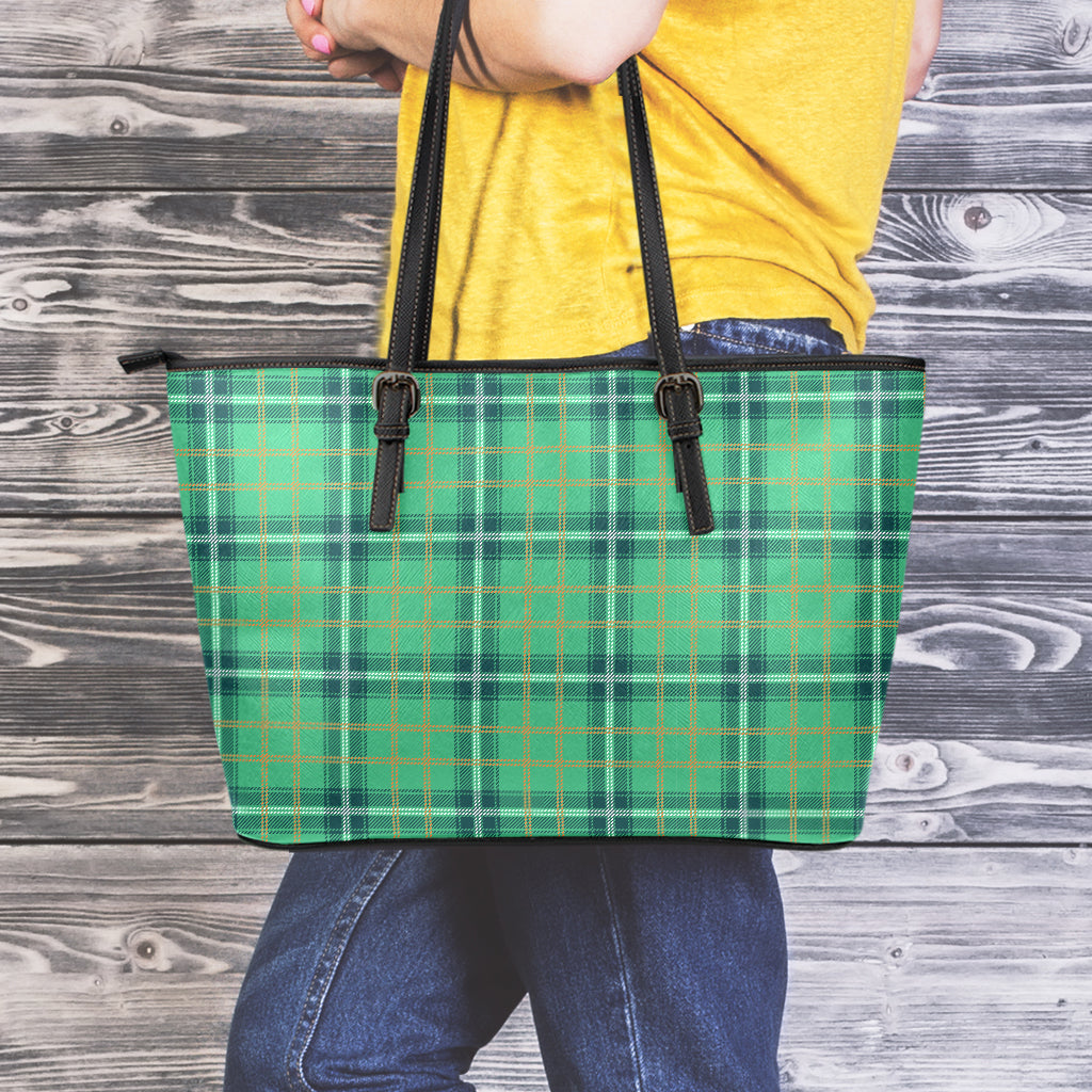 St. Patrick's Day Tartan Pattern Print Leather Tote Bag