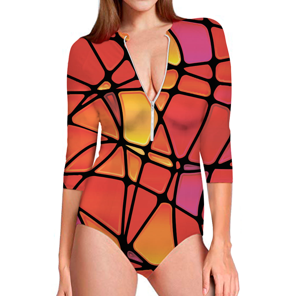 Stained Glass Mosaic Pattern Print Long Sleeve One Piece Swimsuit