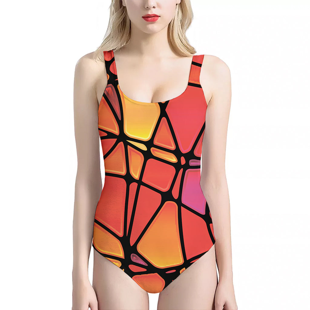 Stained Glass Mosaic Pattern Print One Piece Halter Neck Swimsuit