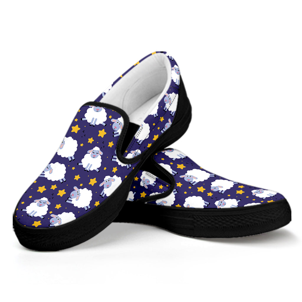 Star And Sheep Pattern Print Black Slip On Shoes