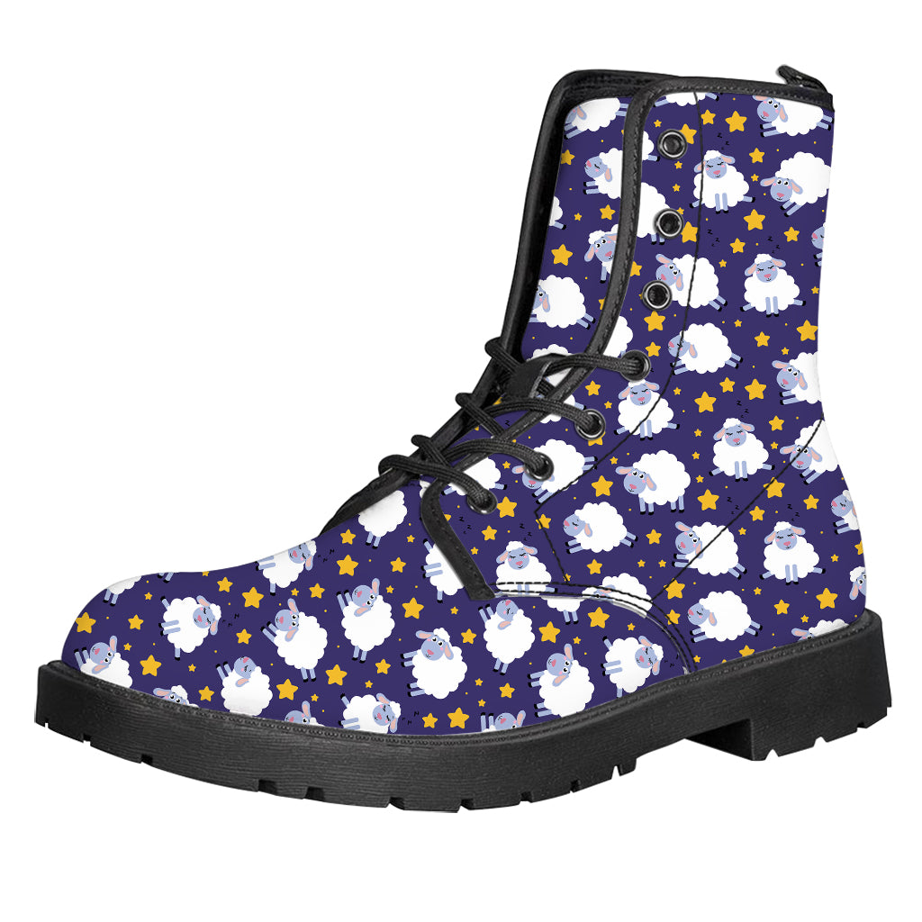 Star And Sheep Pattern Print Leather Boots