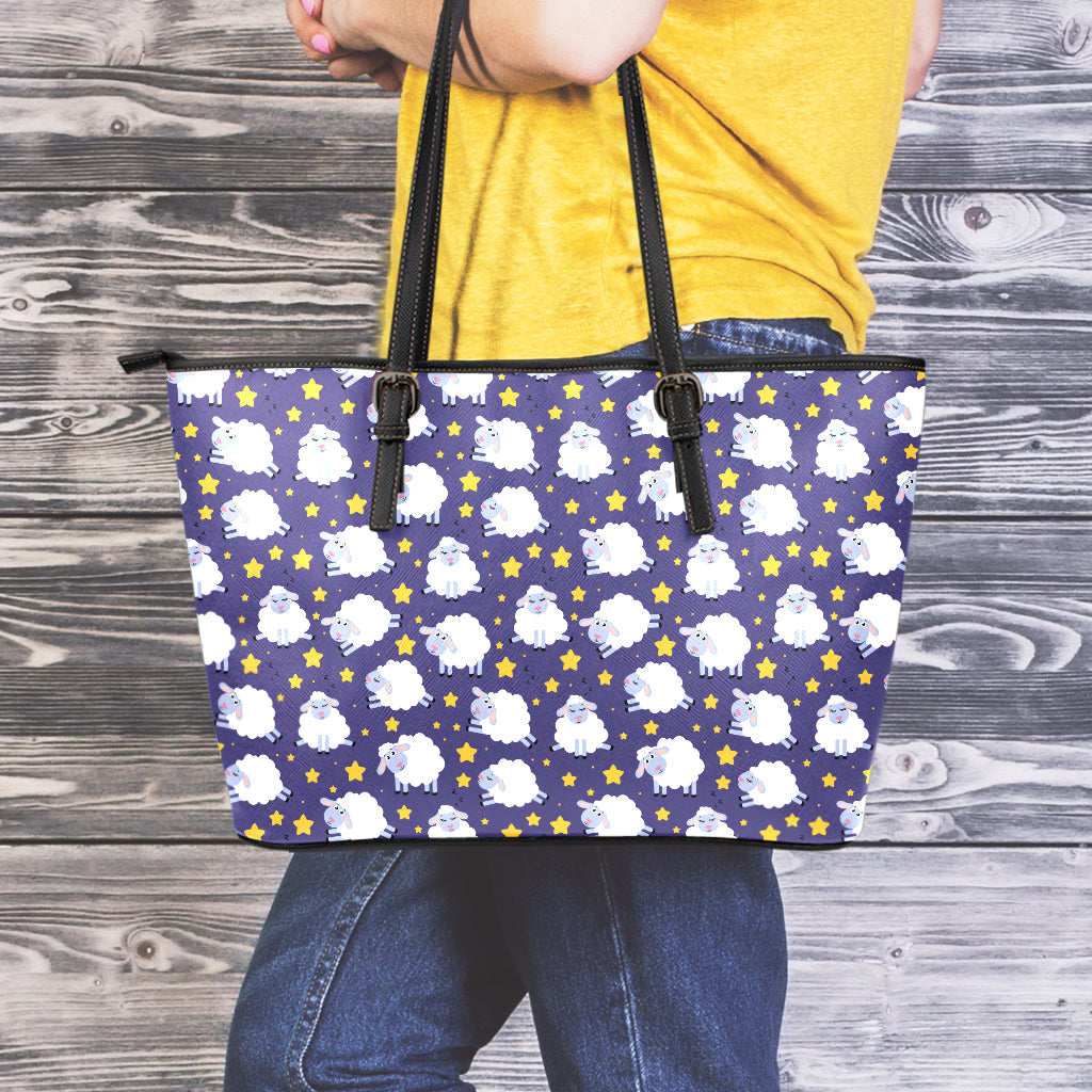 Star And Sheep Pattern Print Leather Tote Bag