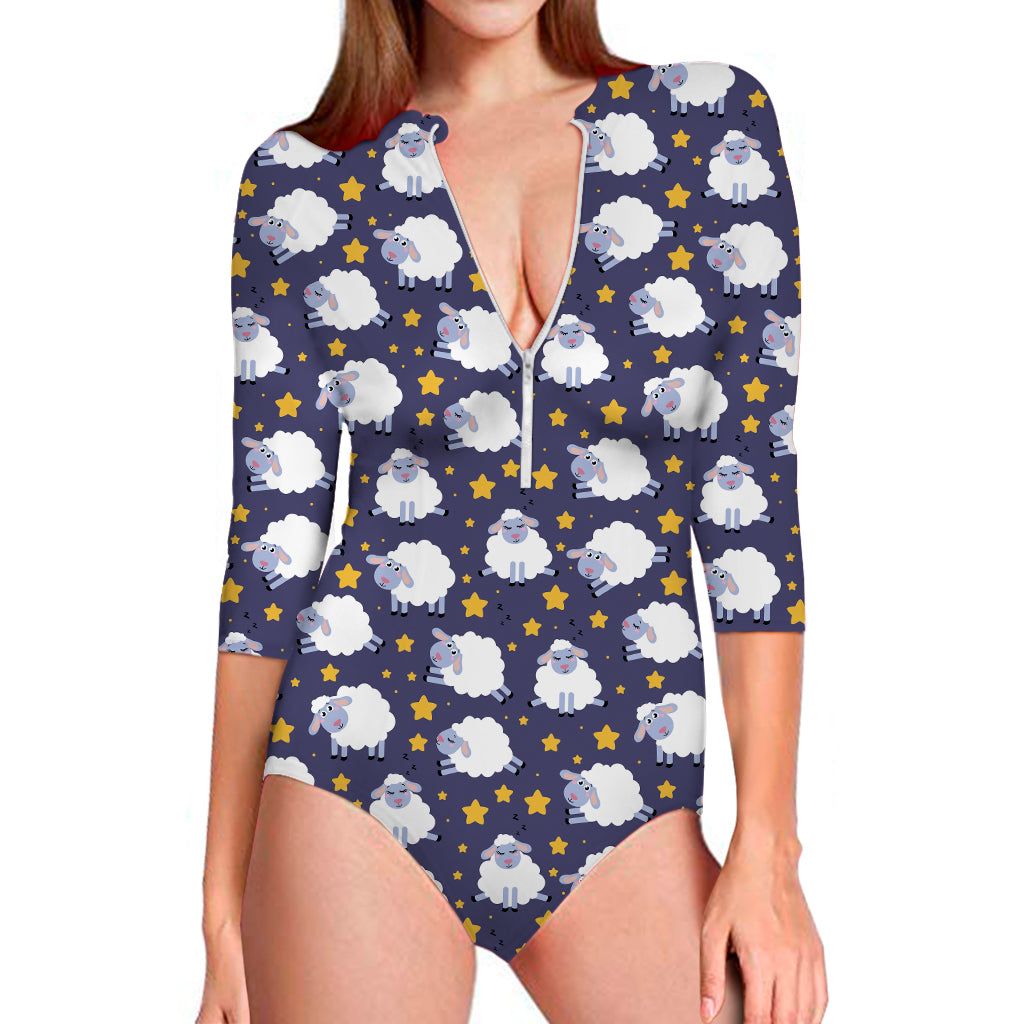 Star And Sheep Pattern Print Long Sleeve One Piece Swimsuit