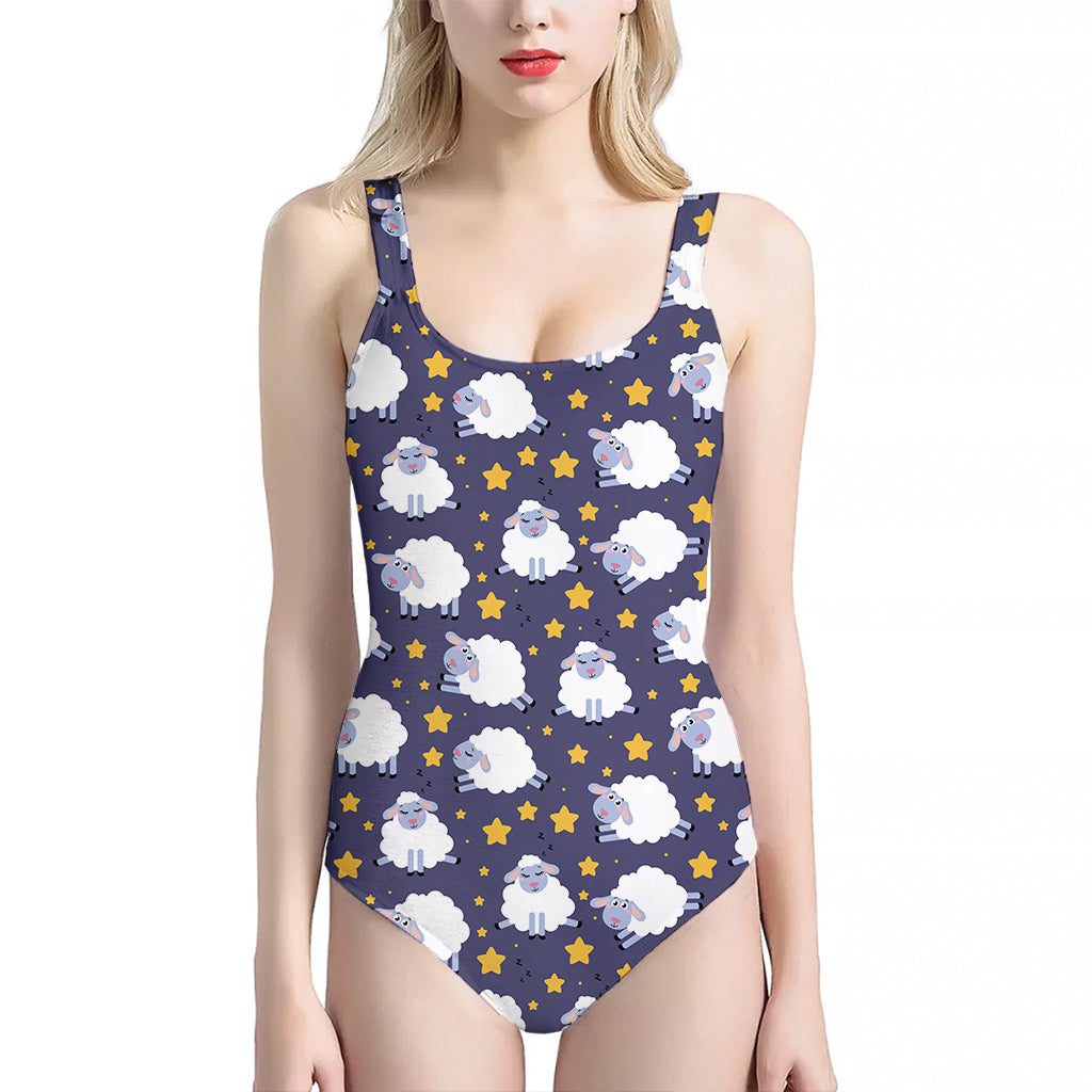 Star And Sheep Pattern Print One Piece Halter Neck Swimsuit