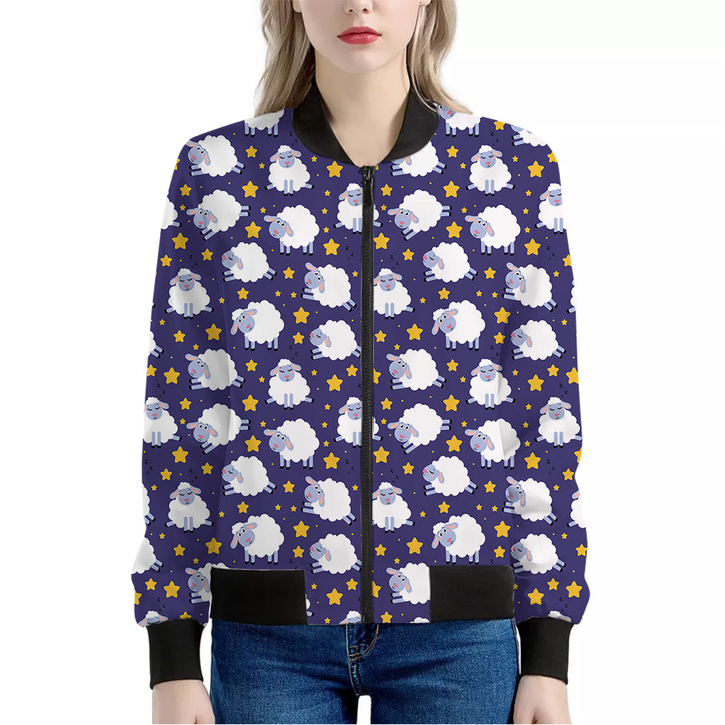 Star And Sheep Pattern Print Women's Bomber Jacket