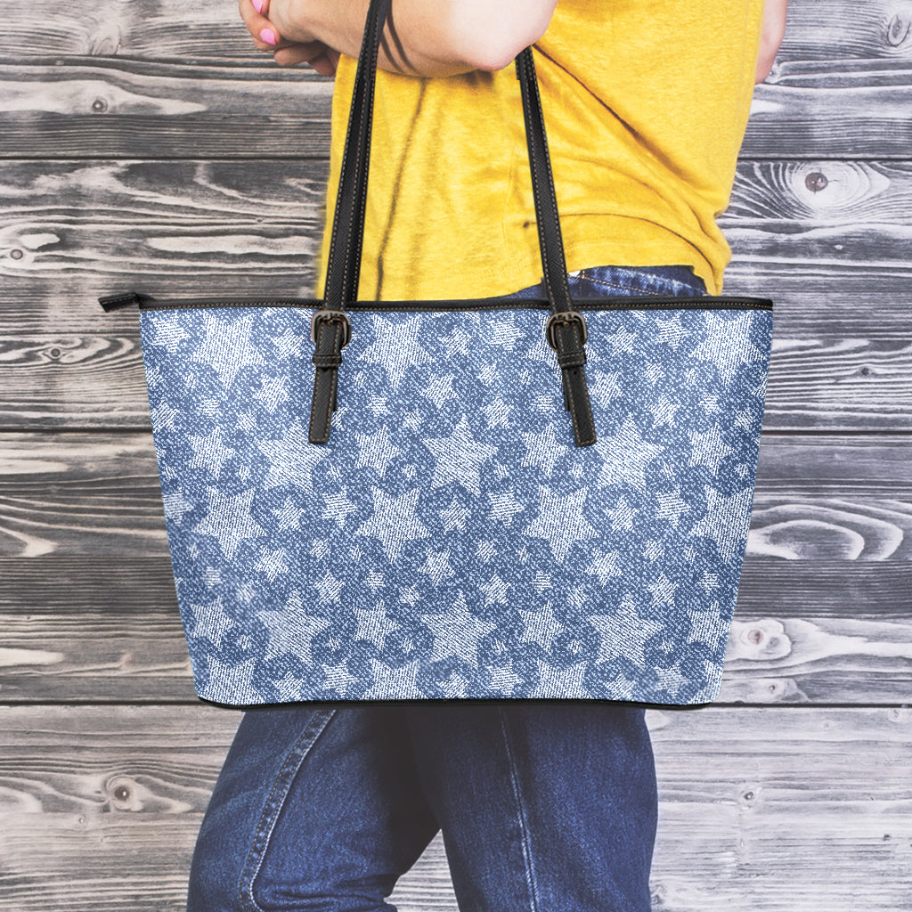 Star Denim Jeans Pattern Print Leather Tote Bag