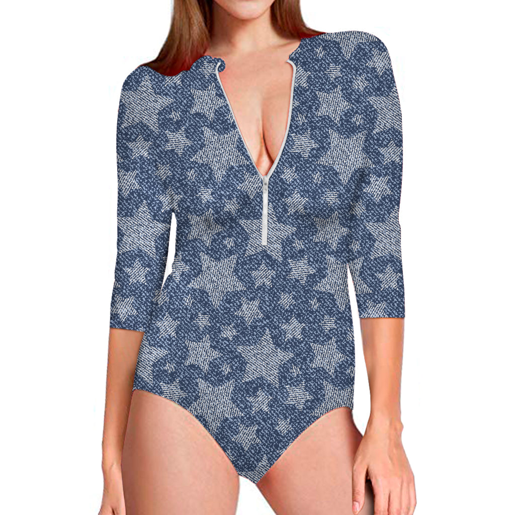 Star Denim Jeans Pattern Print Long Sleeve One Piece Swimsuit