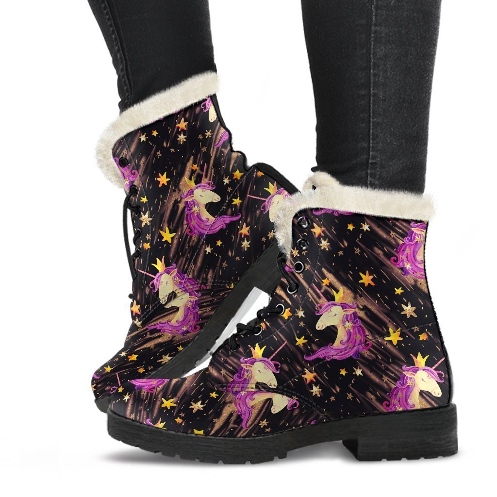 Star Fairy Unicorn Pattern Print Faux Fur Leather Boots