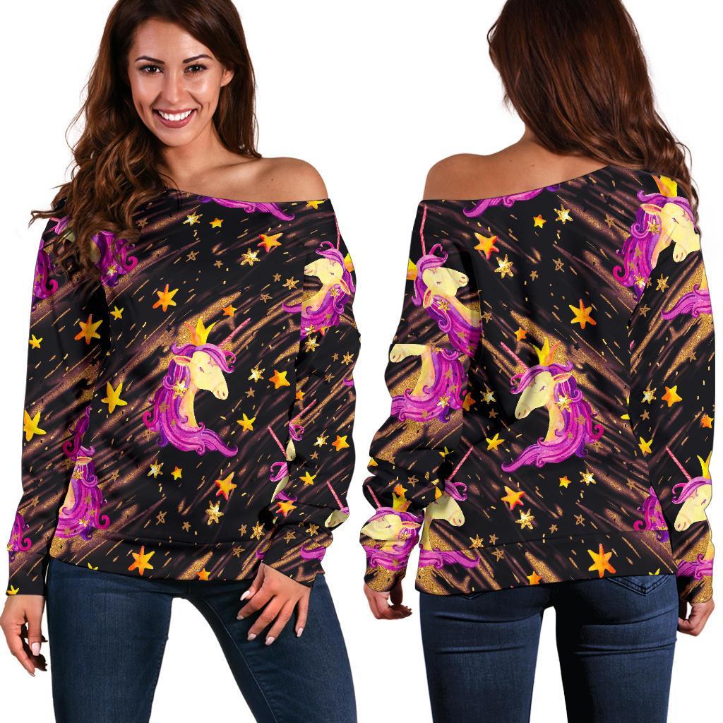 Star Fairy Unicorn Pattern Print Women's Off-Shoulder Sweatshirt