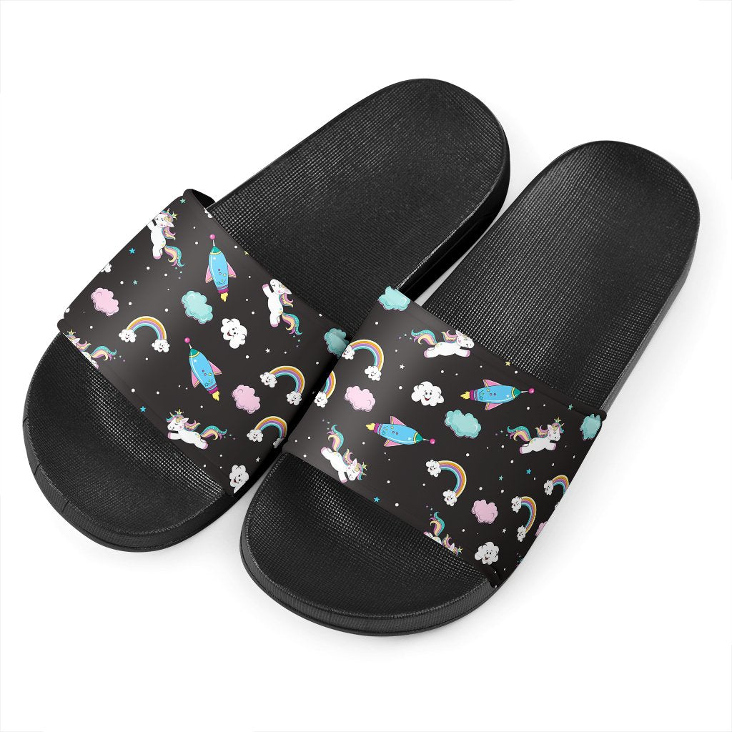 Star Space Unicorn Pattern Print Black Slide Sandals