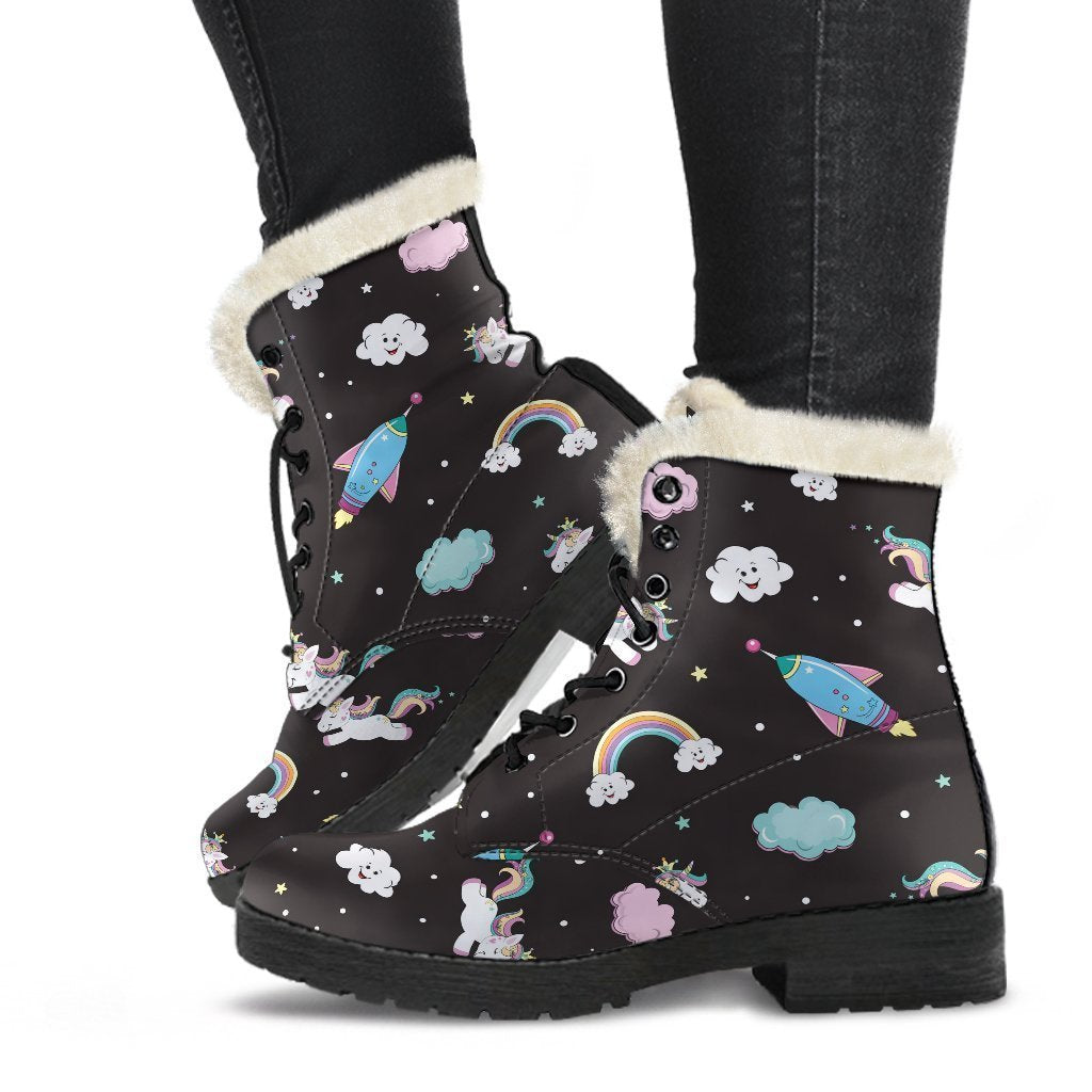 Star Space Unicorn Pattern Print Faux Fur Leather Boots