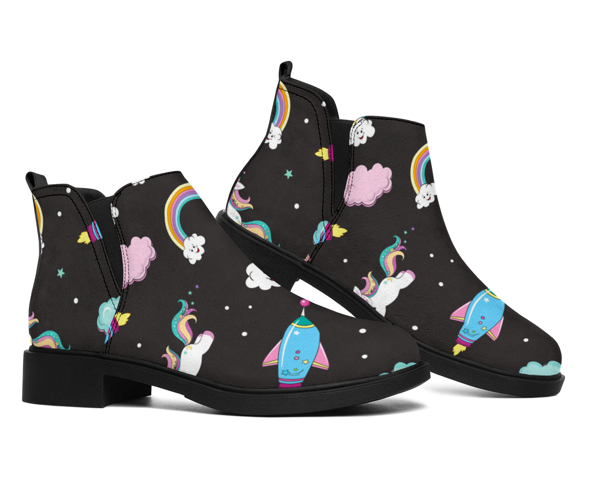 Star Space Unicorn Pattern Print Flat Ankle Boots