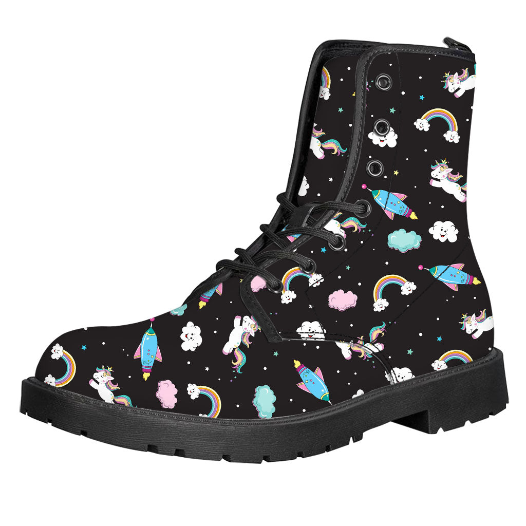 Star Space Unicorn Pattern Print Leather Boots