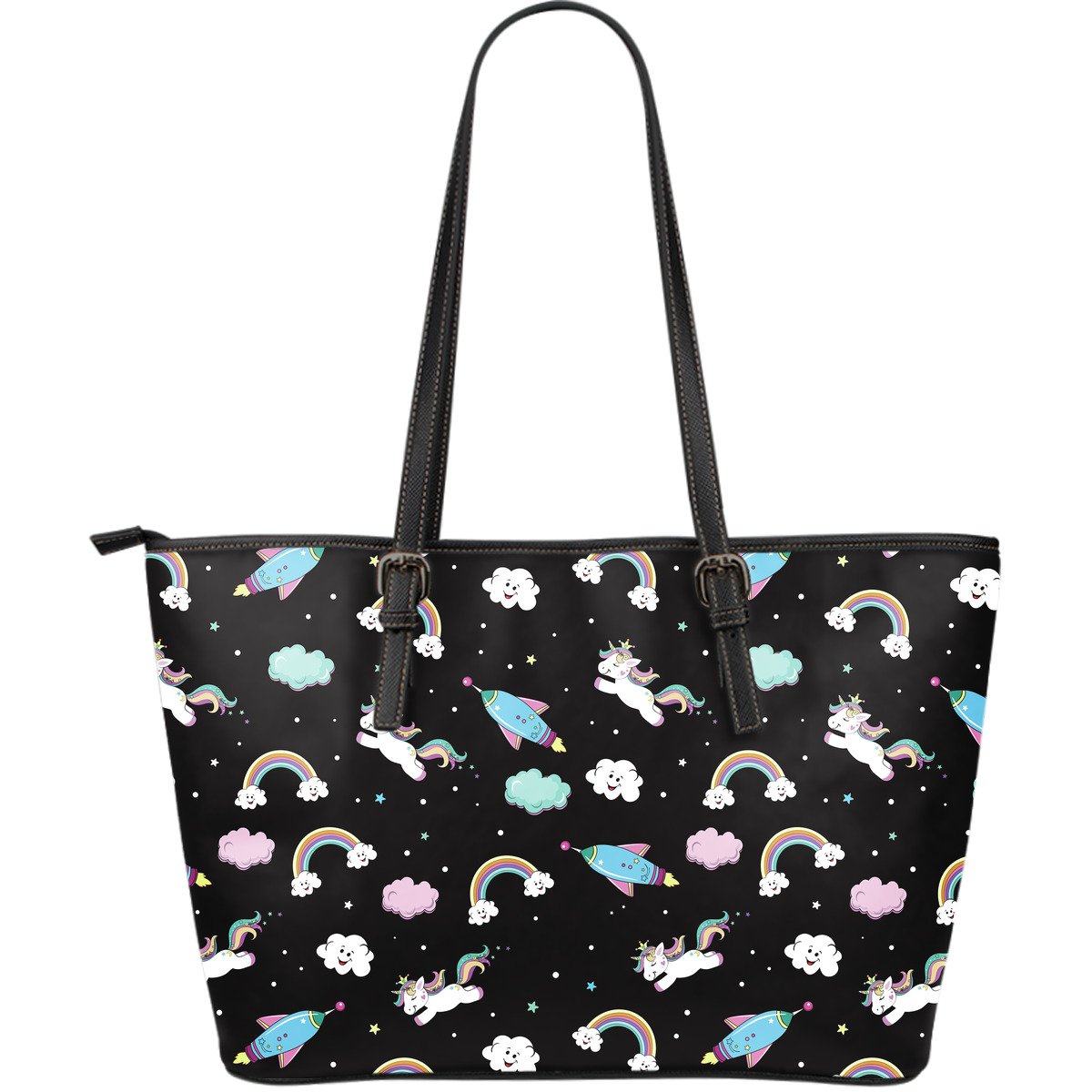 Star Space Unicorn Pattern Print Leather Tote Bag