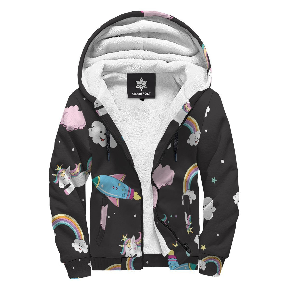 Star Space Unicorn Pattern Print Sherpa Lined Fleece Hoodie