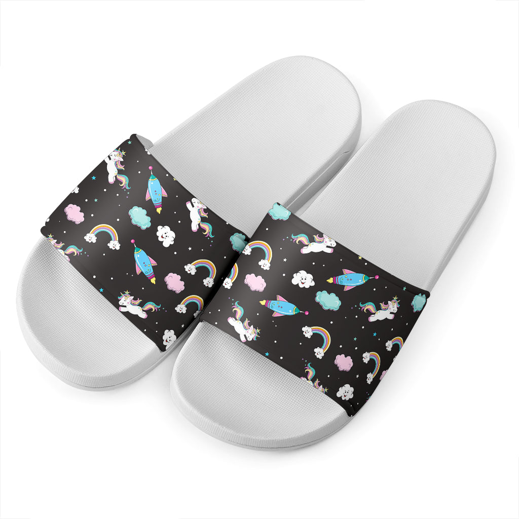 Star Space Unicorn Pattern Print White Slide Sandals