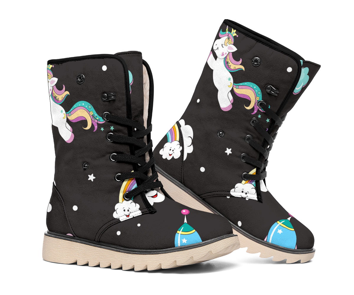 Star Space Unicorn Pattern Print Winter Boots