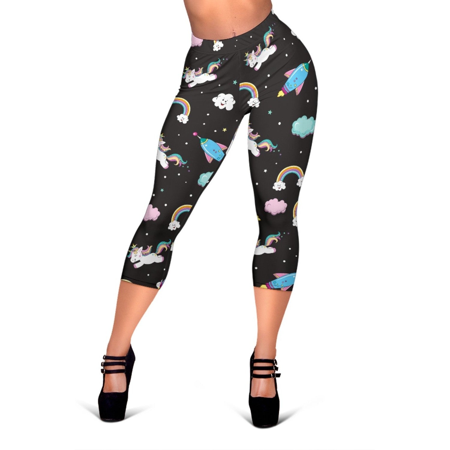 Star Space Unicorn Pattern Print Women's Capri Leggings