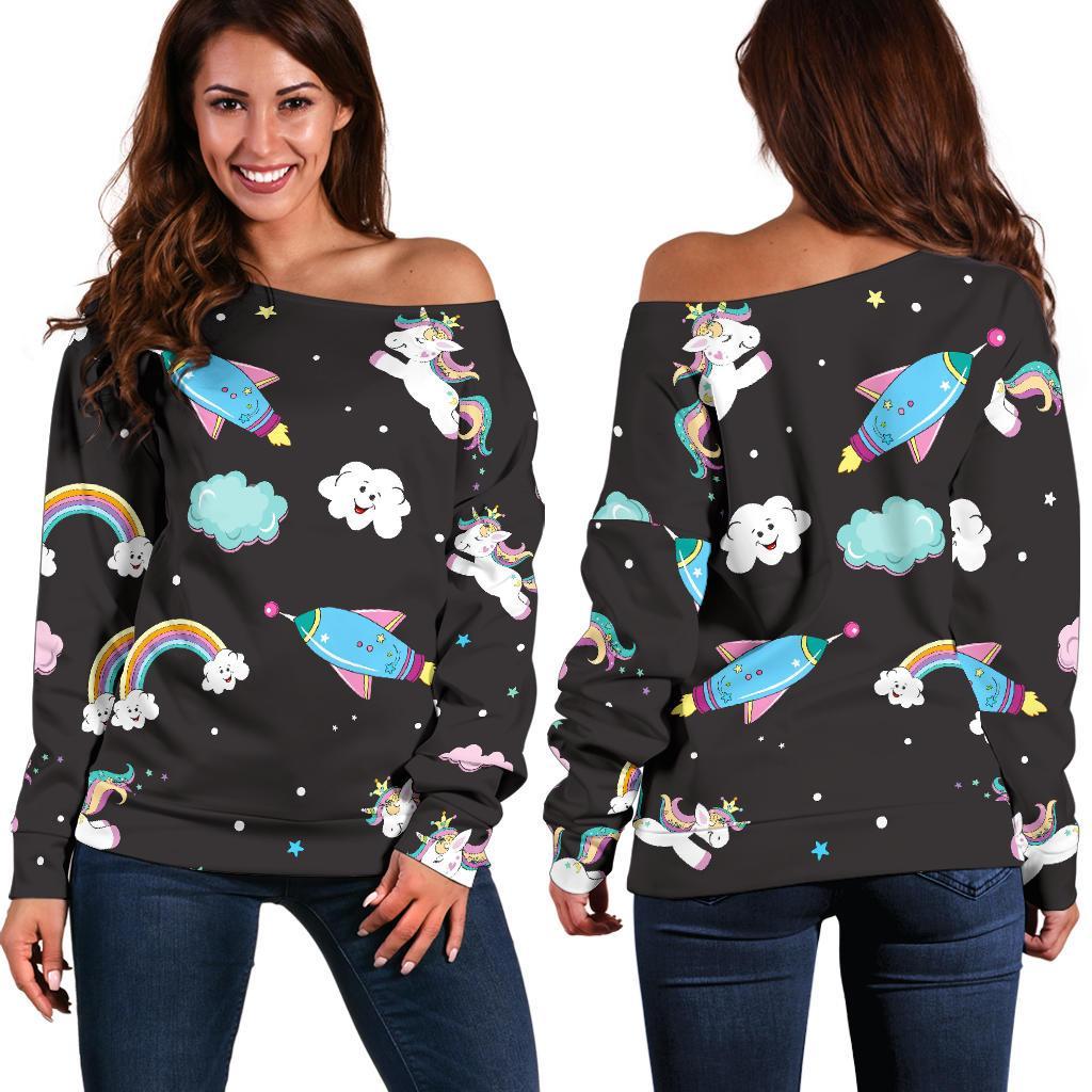 Star Space Unicorn Pattern Print Women's Off-Shoulder Sweatshirt