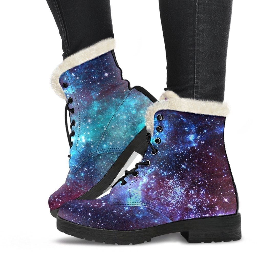 Starfield Nebula Galaxy Space Print Faux Fur Leather Boots