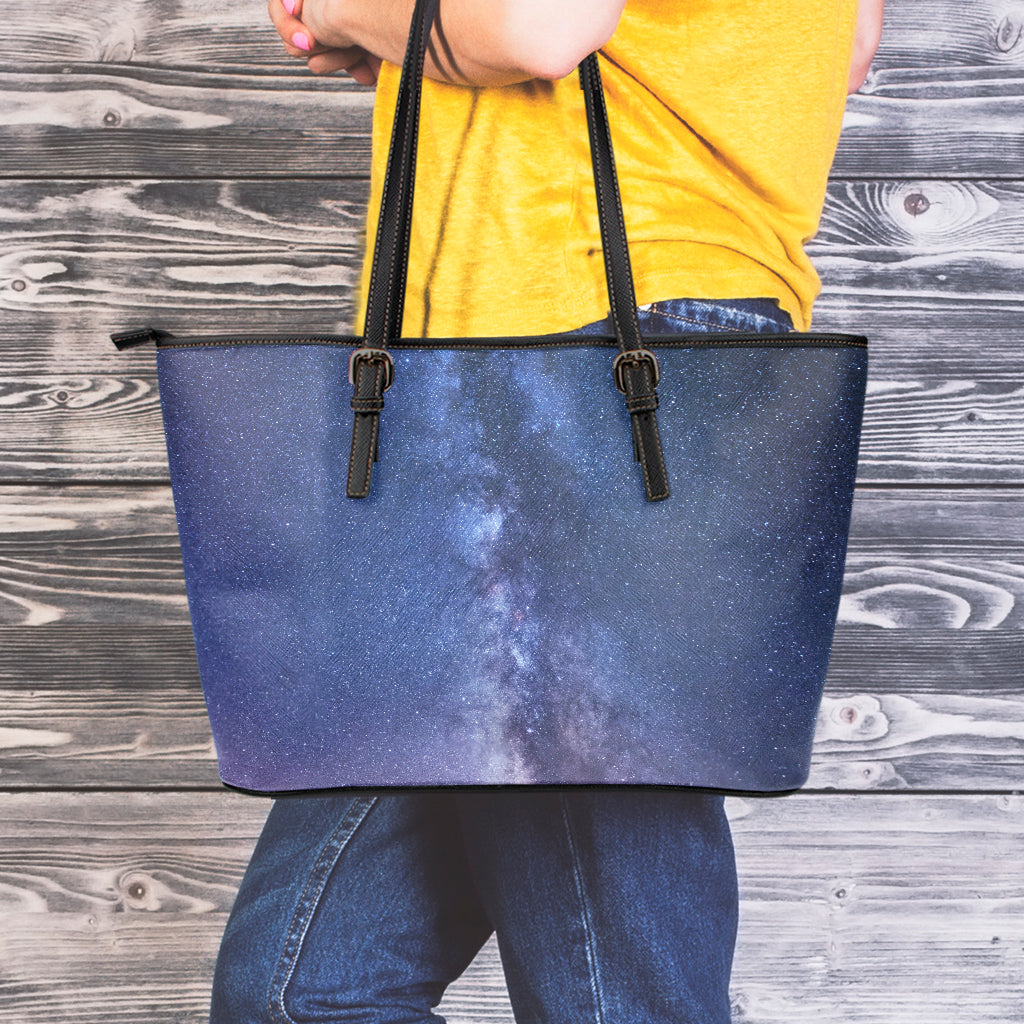 Stars Night Milky Way Print Leather Tote Bag