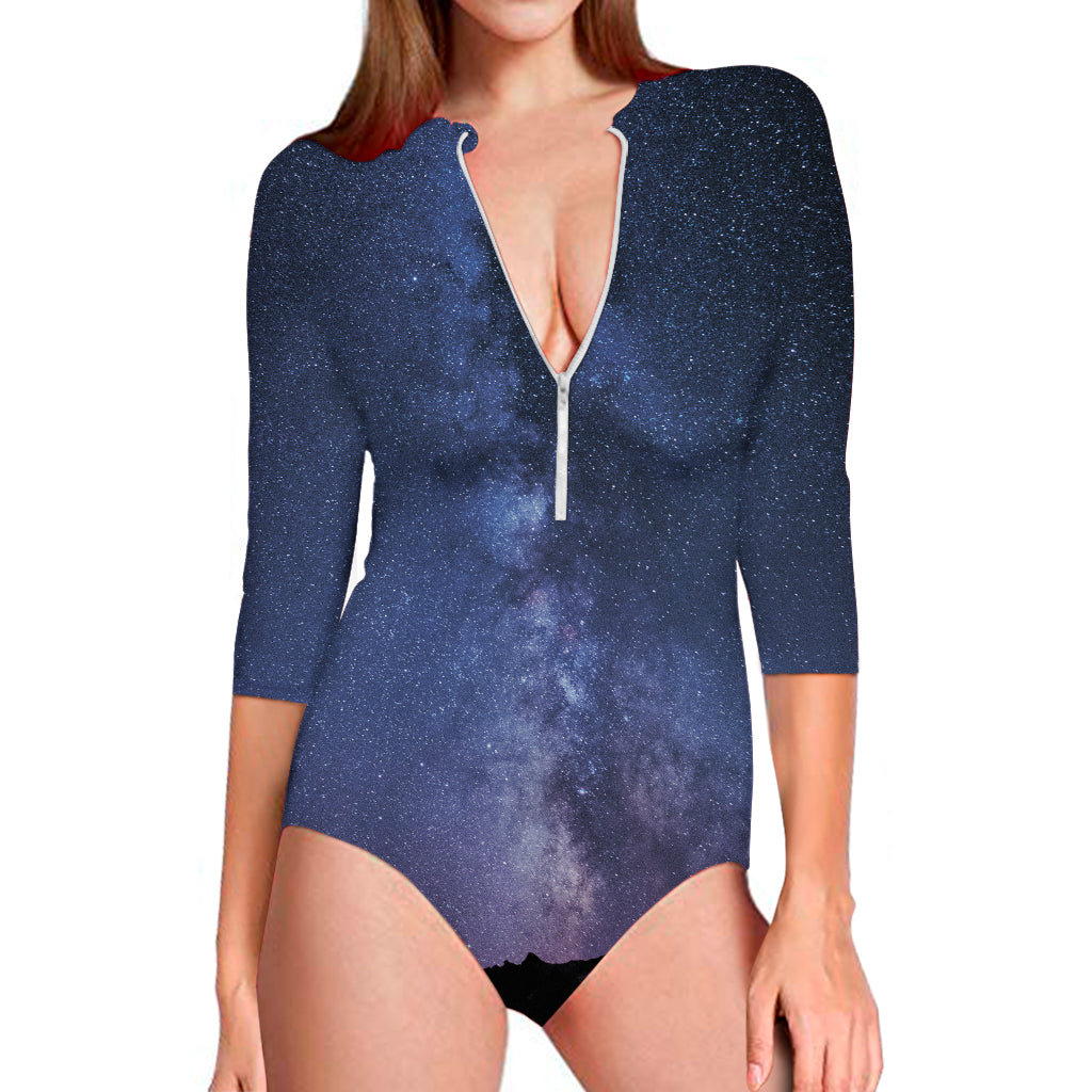 Stars Night Milky Way Print Long Sleeve One Piece Swimsuit