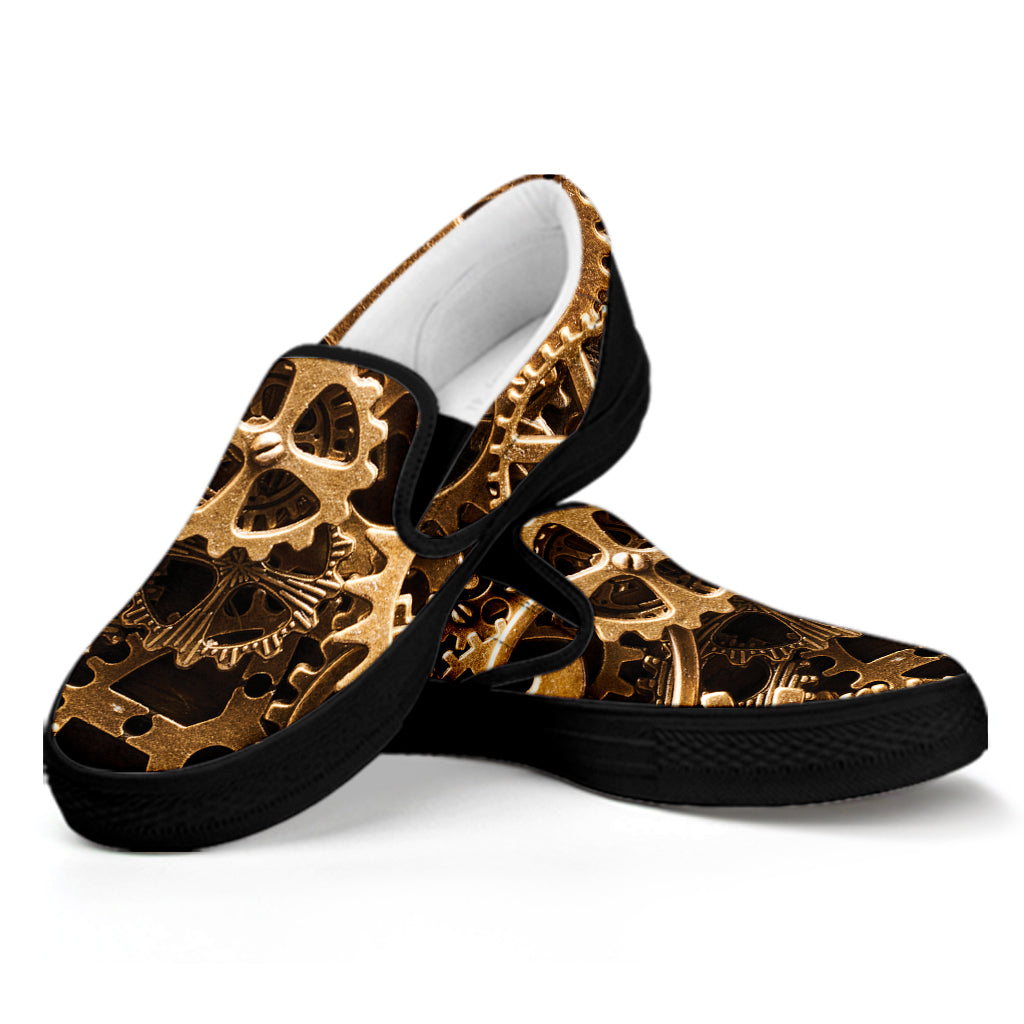 Steampunk Brass Cogs And Gears Print Black Slip On Shoes