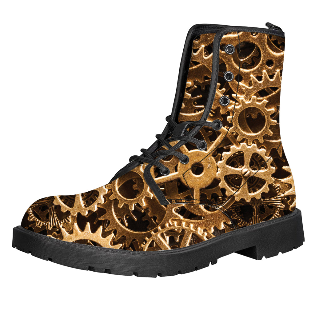 Steampunk Brass Cogs And Gears Print Leather Boots