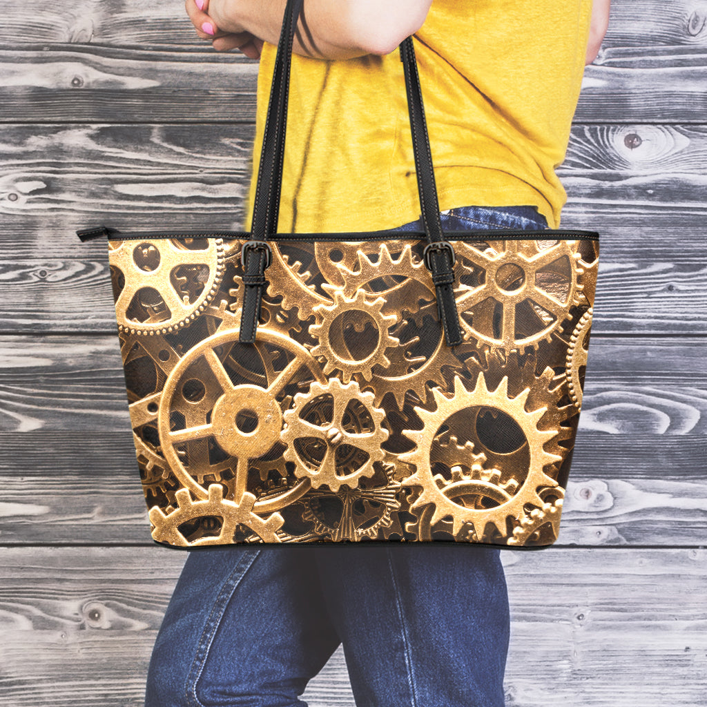 Steampunk Brass Cogs And Gears Print Leather Tote Bag