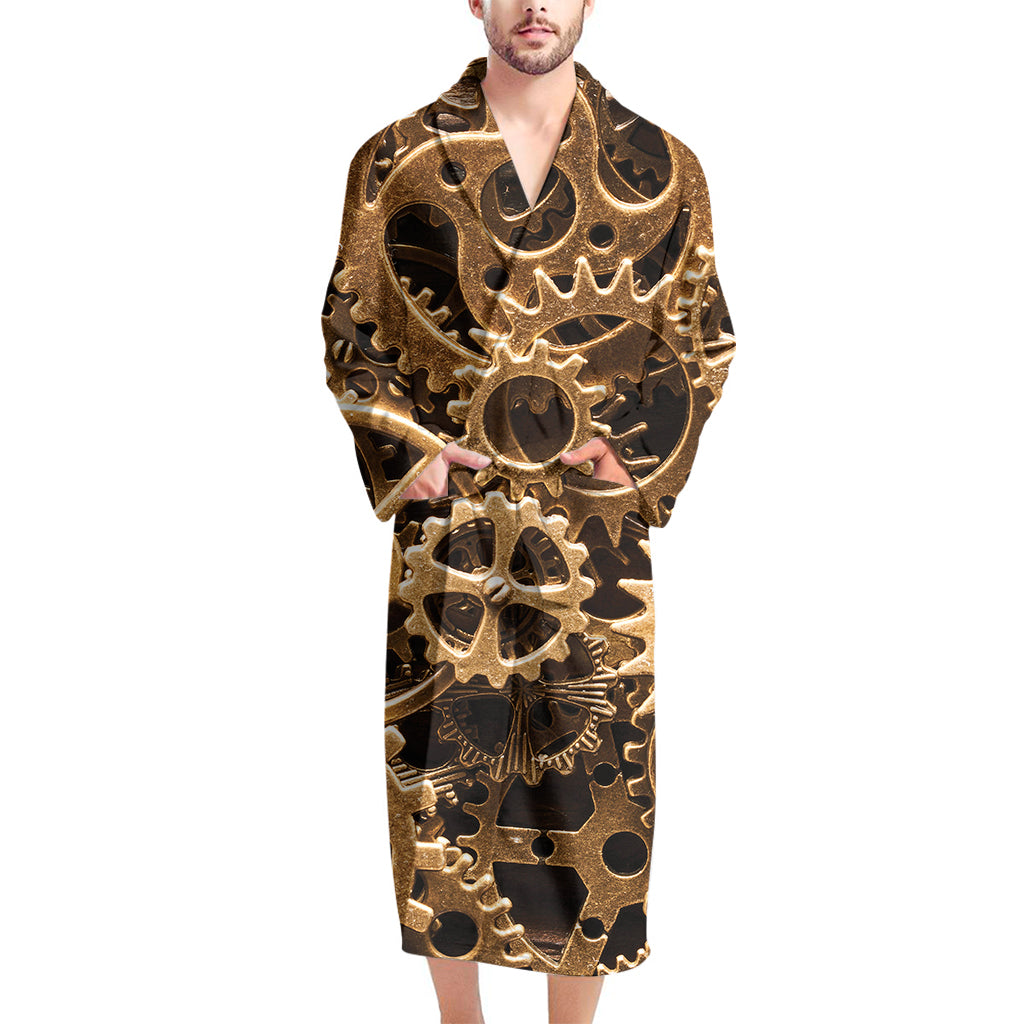 Steampunk Brass Cogs And Gears Print Men's Bathrobe