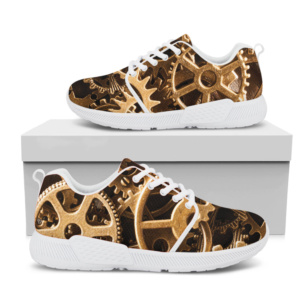 Steampunk Brass Cogs And Gears Print White Athletic Shoes