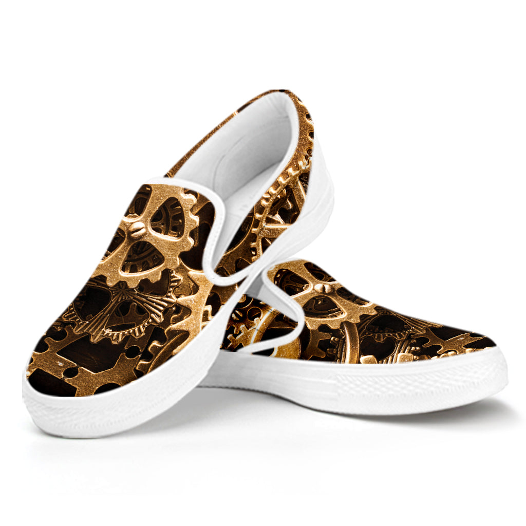 Steampunk Brass Cogs And Gears Print White Slip On Shoes