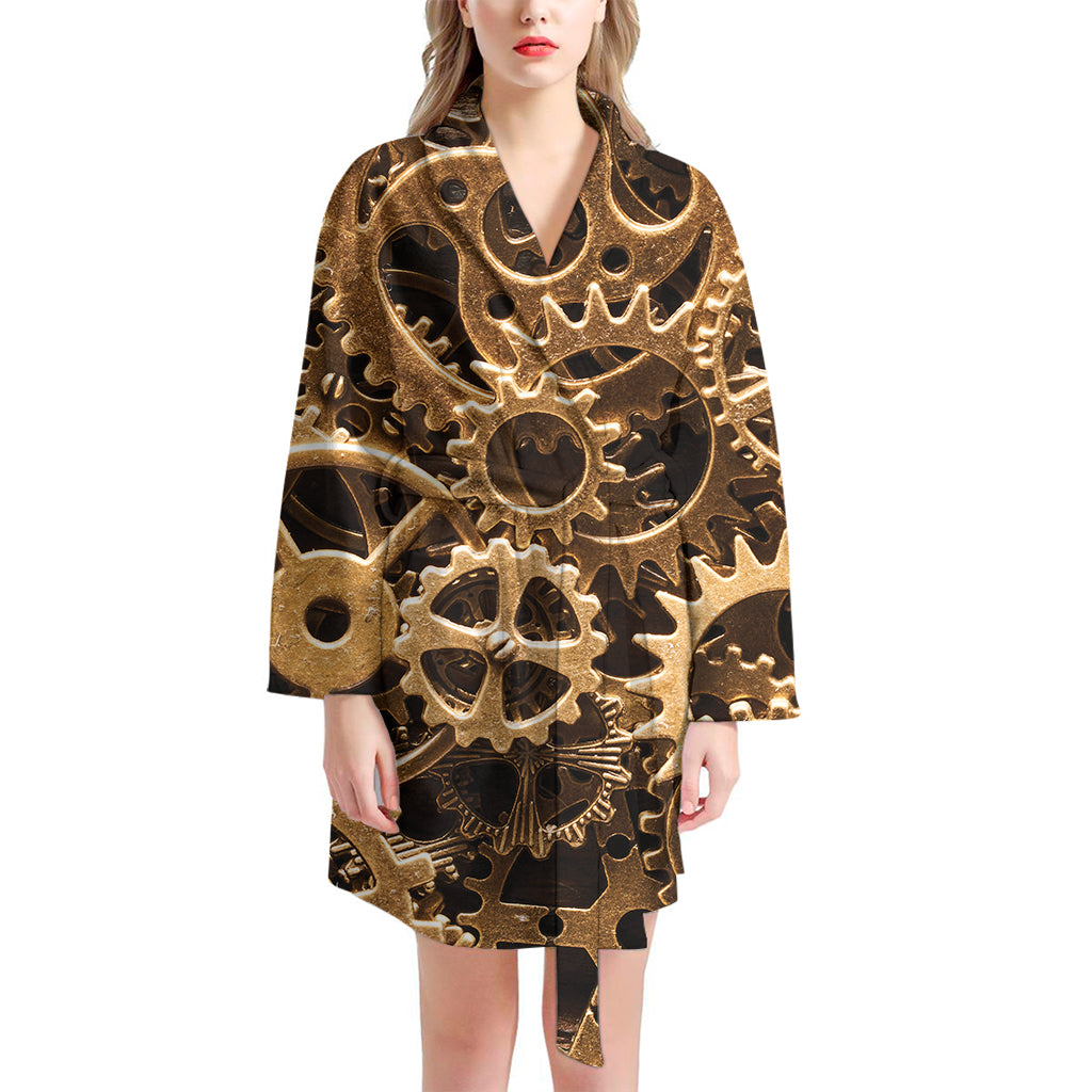 Steampunk Brass Cogs And Gears Print Women's Bathrobe