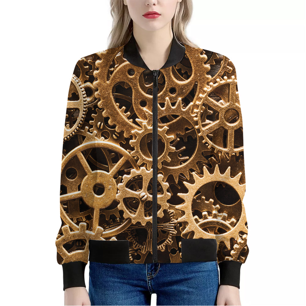 Steampunk Brass Cogs And Gears Print Women's Bomber Jacket