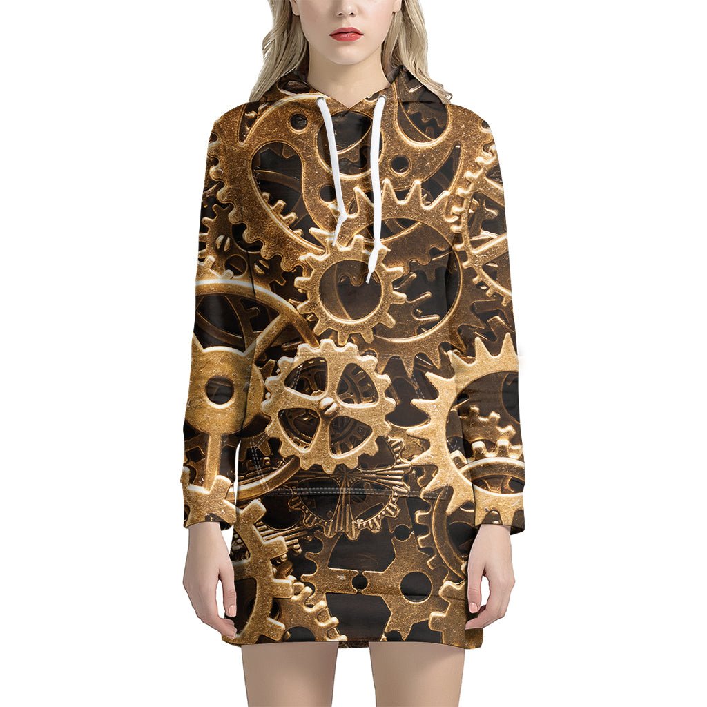 Steampunk Brass Cogs And Gears Print Women's Pullover Hoodie Dress