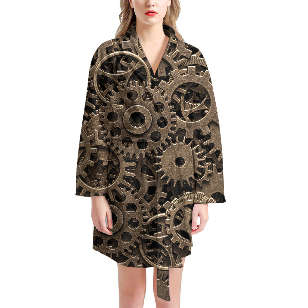 Steampunk Brass Gears And Cogs Print Women's Bathrobe