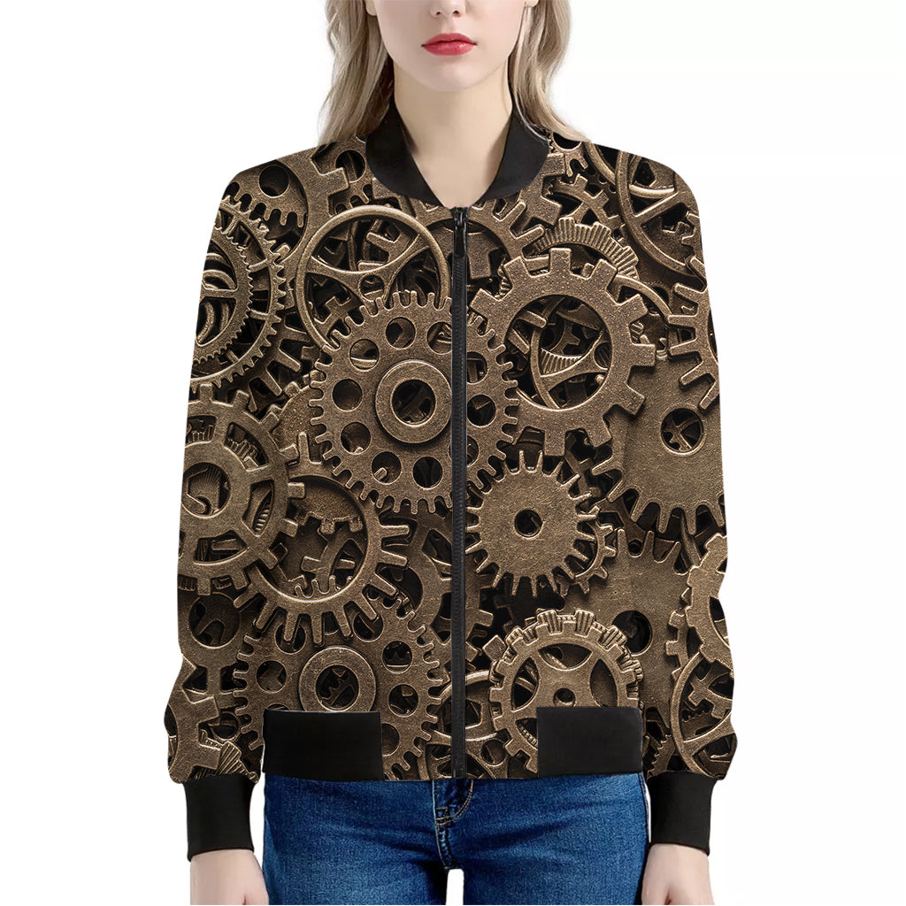 Steampunk Brass Gears And Cogs Print Women's Bomber Jacket