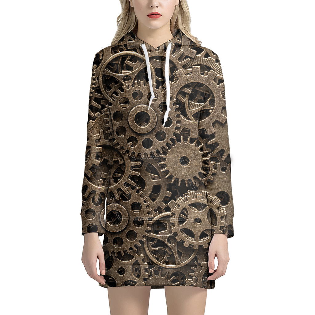 Steampunk Brass Gears And Cogs Print Women's Pullover Hoodie Dress