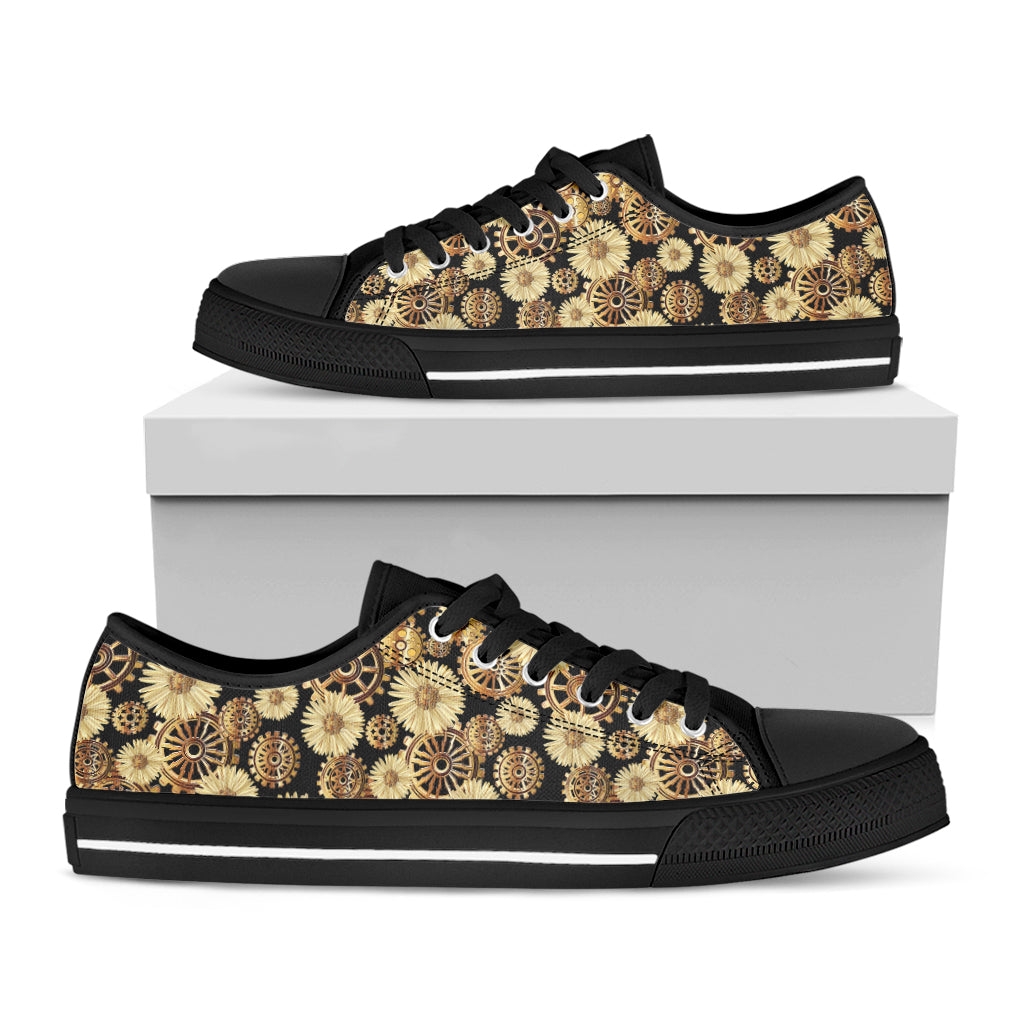 Steampunk Chamomile Pattern Print Black Low Top Shoes