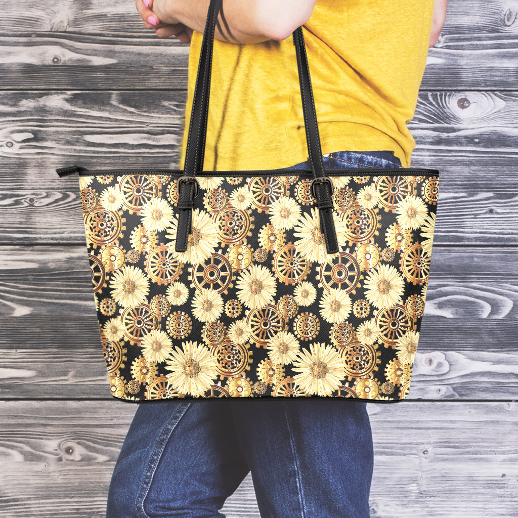 Steampunk Chamomile Pattern Print Leather Tote Bag