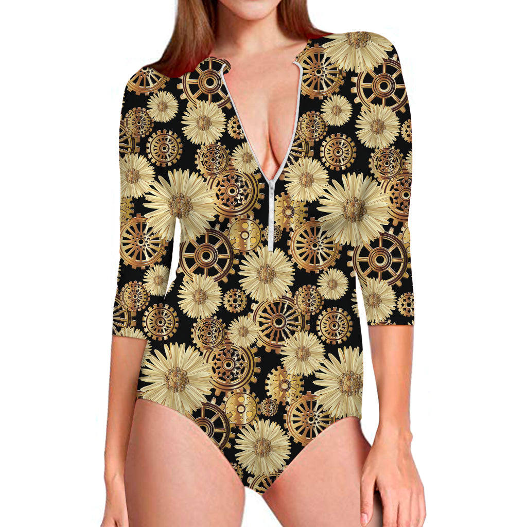 Steampunk Chamomile Pattern Print Long Sleeve One Piece Swimsuit