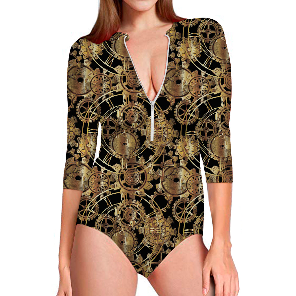 Steampunk Clock Gears Print Long Sleeve One Piece Swimsuit