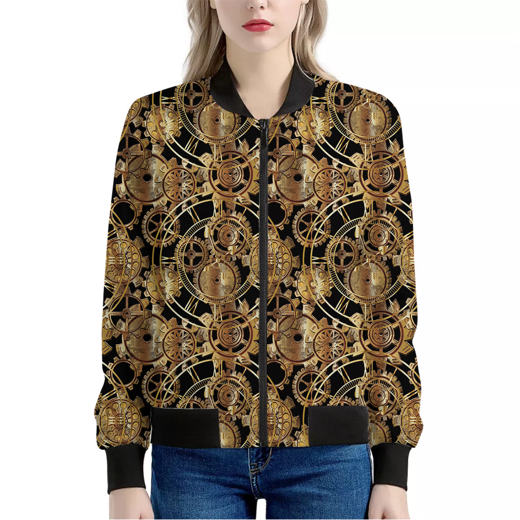 Steampunk Clock Gears Print Women's Bomber Jacket