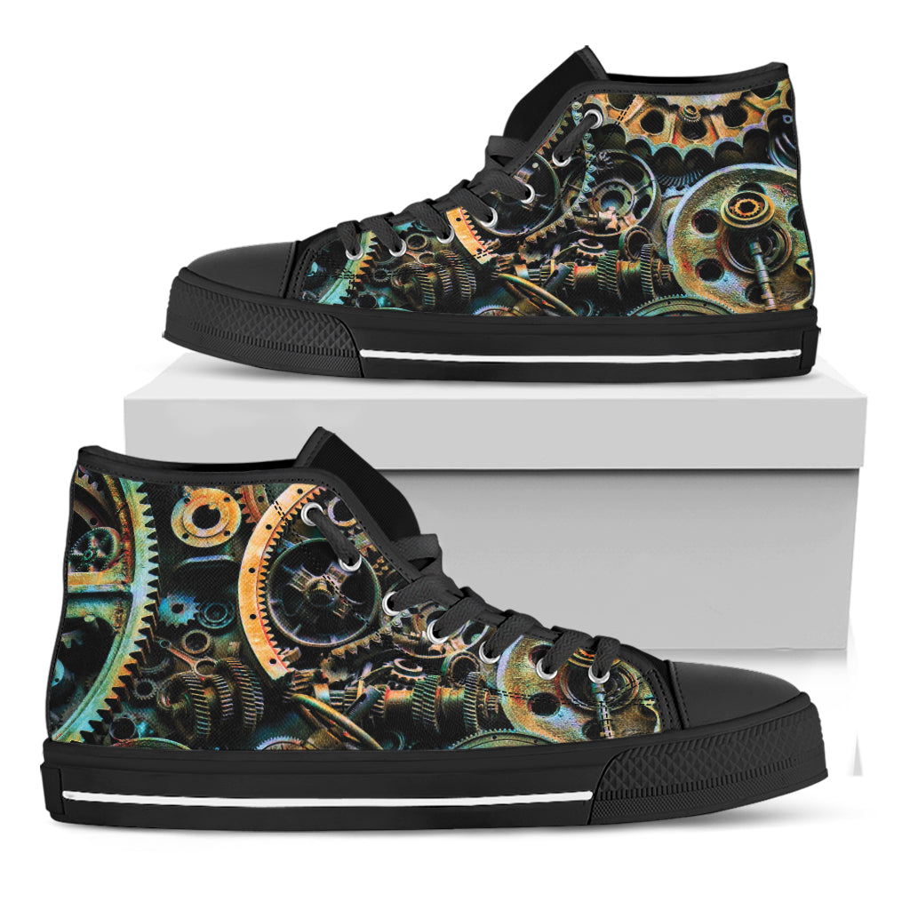 Steampunk Cogs And Gears Print Black High Top Shoes