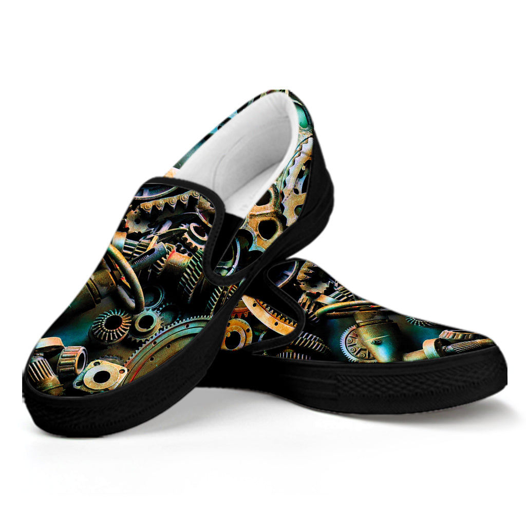 Steampunk Cogs And Gears Print Black Slip On Shoes