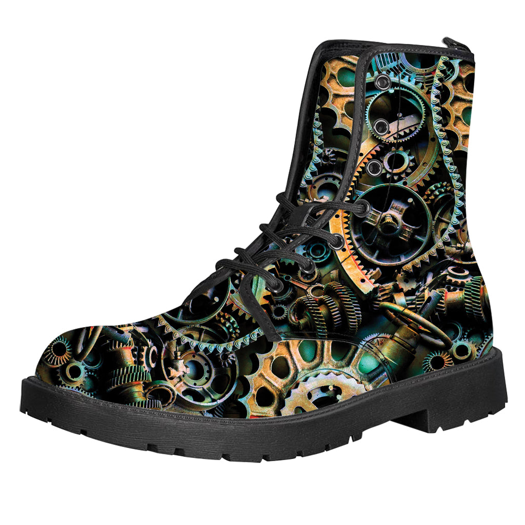 Steampunk Cogs And Gears Print Leather Boots