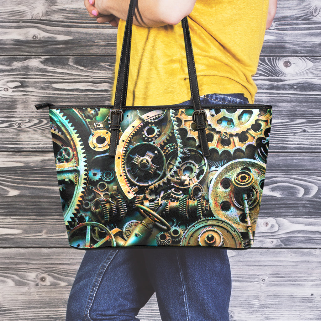 Steampunk Cogs And Gears Print Leather Tote Bag